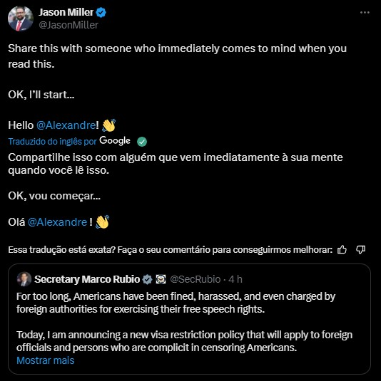 conselheiro-de-trump-marca-moraes-em-postagem-sobre-restricao-de-vistos-aos-eua