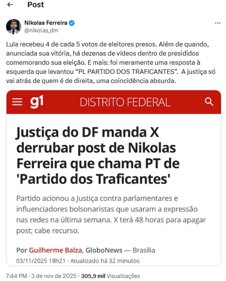 Nikolas diz que a “Justiça só vai atrás de quem é de direita” após decisão judicial para o ‘X’ derrubar post em que ele chama PT de ‘Partido dos Traficantes’ nikolas-diz-que-a-“justica-so-vai-atras-de-quem-e-de-direita”-apos-decisao-judicial-para-o-‘x’-derrubar-post-em-que-ele-chama-pt-de-‘partido-dos-traficantes’